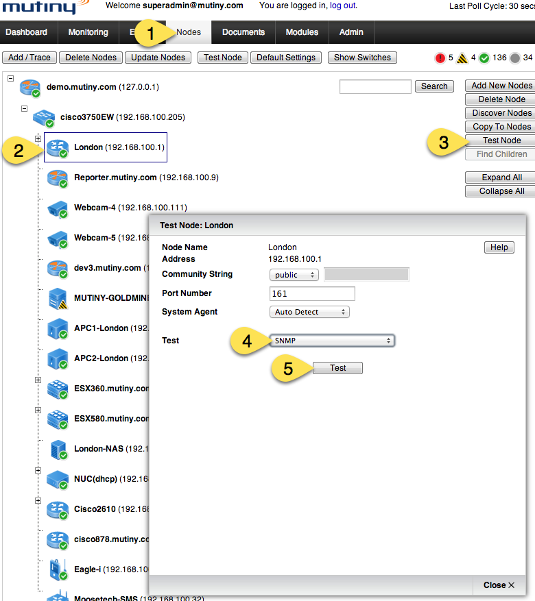 Using the test panel to test SNMP